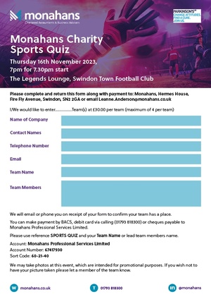Monahans Charity Sports Quiz Form
